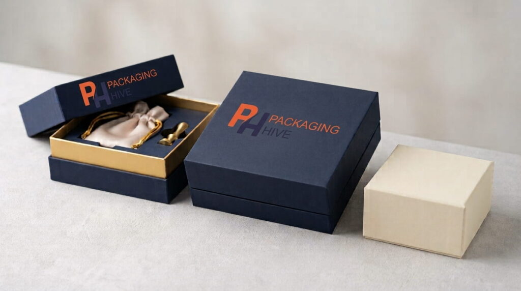 Custom rigid boxes packaging with navy blue and white gift boxes