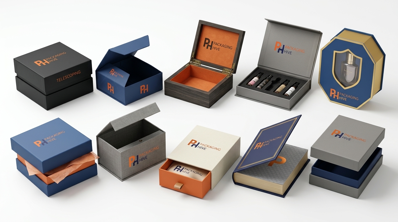 10 types of rigid boxes including two-piece, magnetic closure, drawer, book style, shoulder neck, telescoping, collapsible, hinged lid, custom inserts & window rigid boxes arranged on a white surface