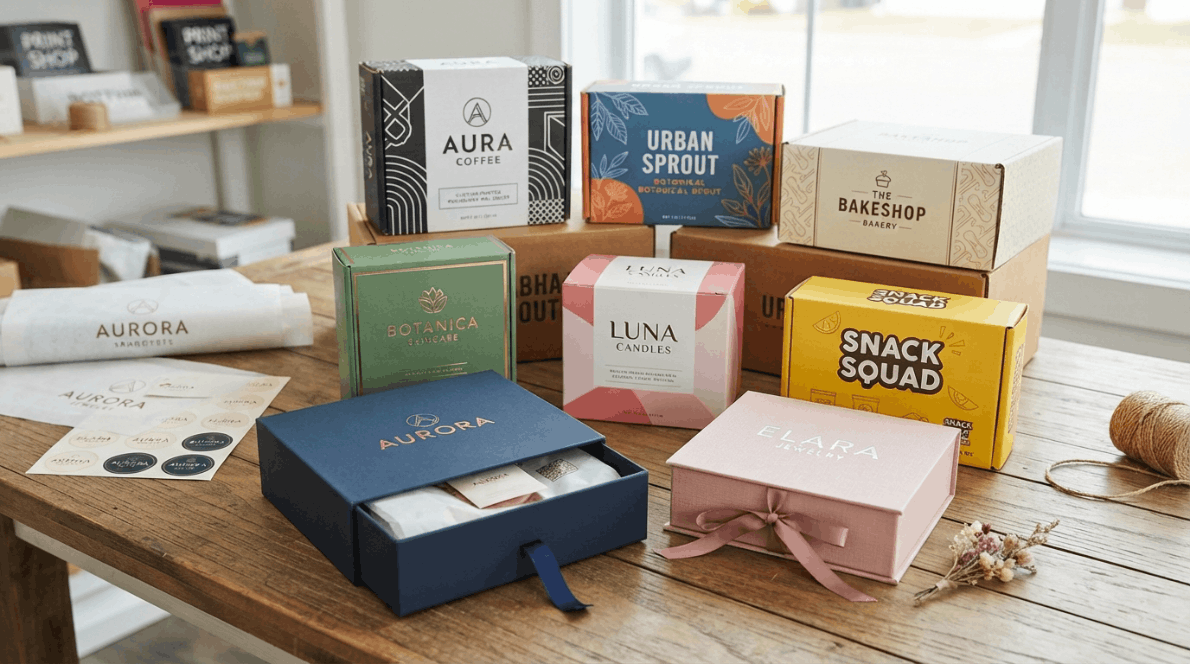 Assortment of custom packaging boxes including printed mailers, folding cartons, and rigid gift boxes for growing brands.