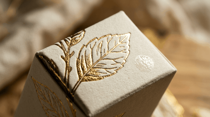 Close-up of a cream eco-friendly box corner with gold foil stamping, embossed leaf pattern, and soft-touch coating