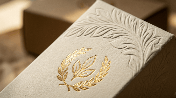 Close-up of a cream soap box with gold foil stamping and embossed leaf pattern showing a premium tactile finish