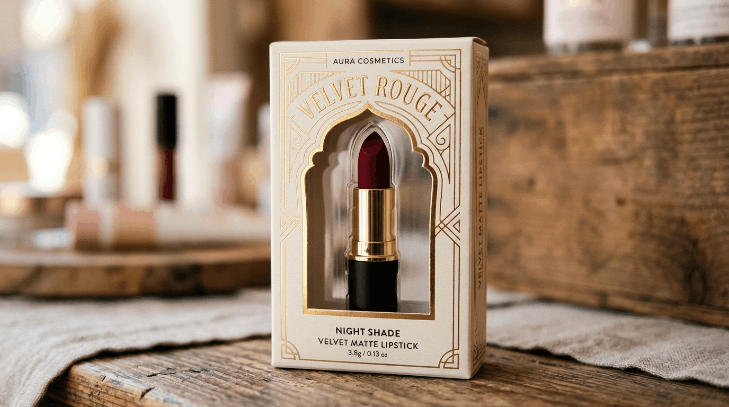 Close-up of a custom lipstick box with a die-cut clear PVC window framing a deep red lipstick