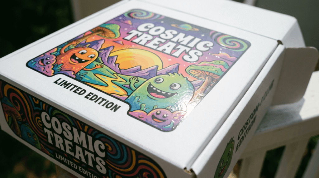 Close-up of a white custom-printed box with full-color graphics and glossy spot UV finishes.