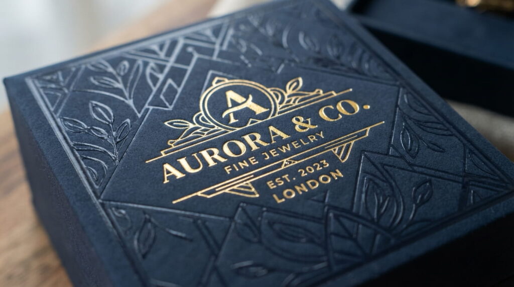 Close-up of premium custom box finishes featuring spot UV coating, gold foil stamping, and soft-touch lamination.
