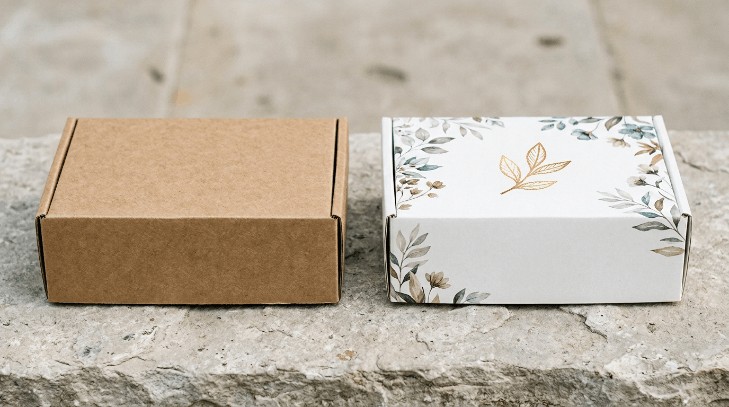 Comparison of a plain brown kraft box and a premium white kraft box with soft-touch finish and gold foil detail