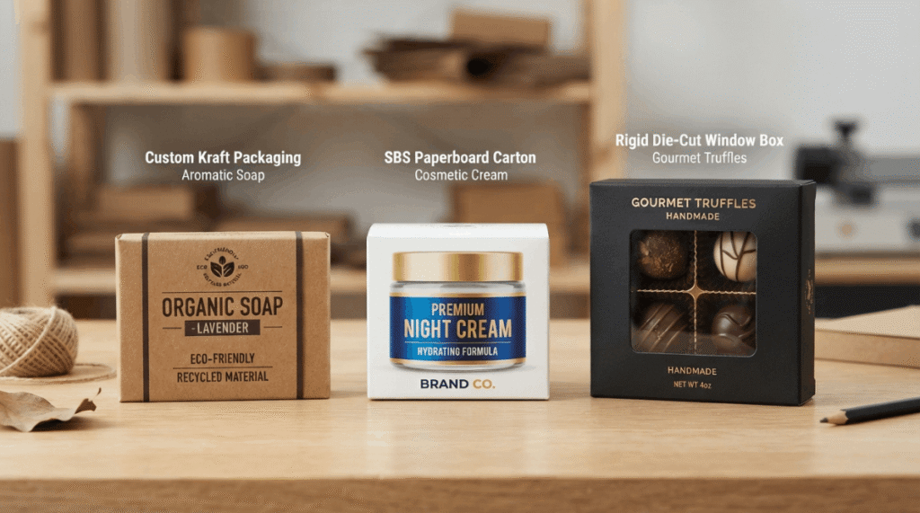 Comparison of custom kraft packaging, SBS paperboard cartons, and rigid die-cut window boxes.