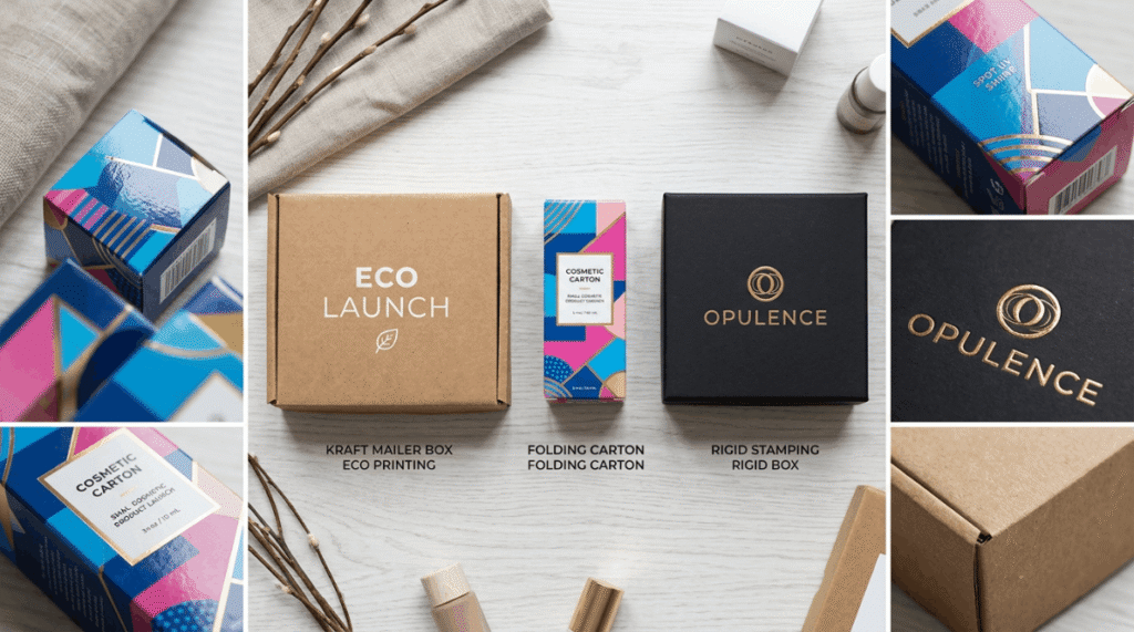 Comparison of custom packaging box styles including kraft mailers, printed folding cartons, and foil-stamped rigid boxes for short runs