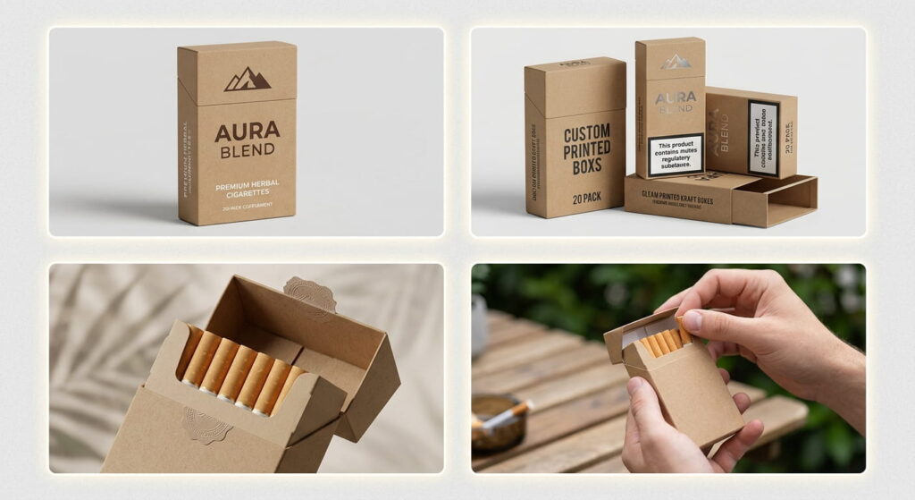 Custom brown kraft paper cigarette boxes with printed minimalist mountain logo and Aura Blend branding.