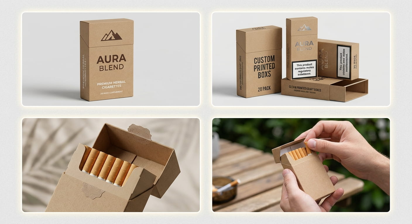 Custom brown kraft paper cigarette boxes with printed minimalist mountain logo and Aura Blend branding.