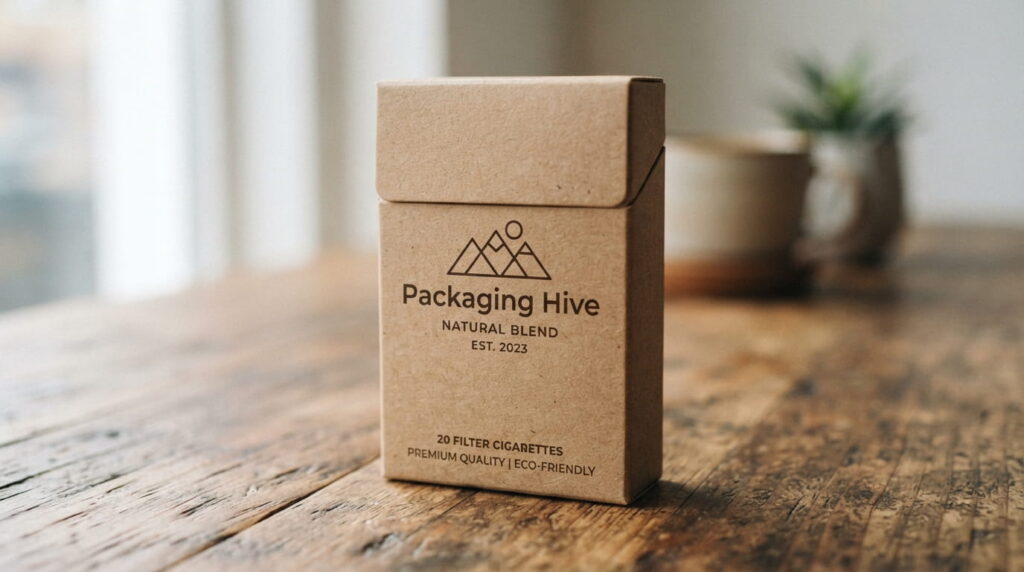 Custom brown kraft paper cigarette box with printed minimalist mountain logo and Packinging Hive branding.