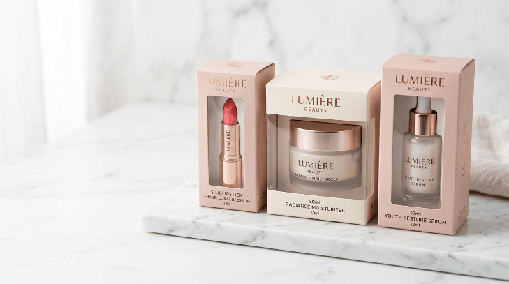 Custom packaging boxes for cosmetics with clear windows showing a lipstick, skincare jar, and serum bottle on a white marble surface
