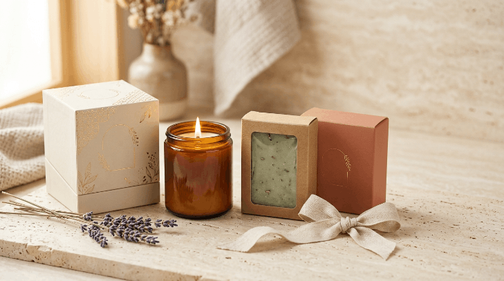 Custom soap boxes and candle packaging in cream, kraft, and terracotta styled as a gift collection with a lit candle