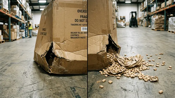 Damaged oversized shipping box with excess void fill