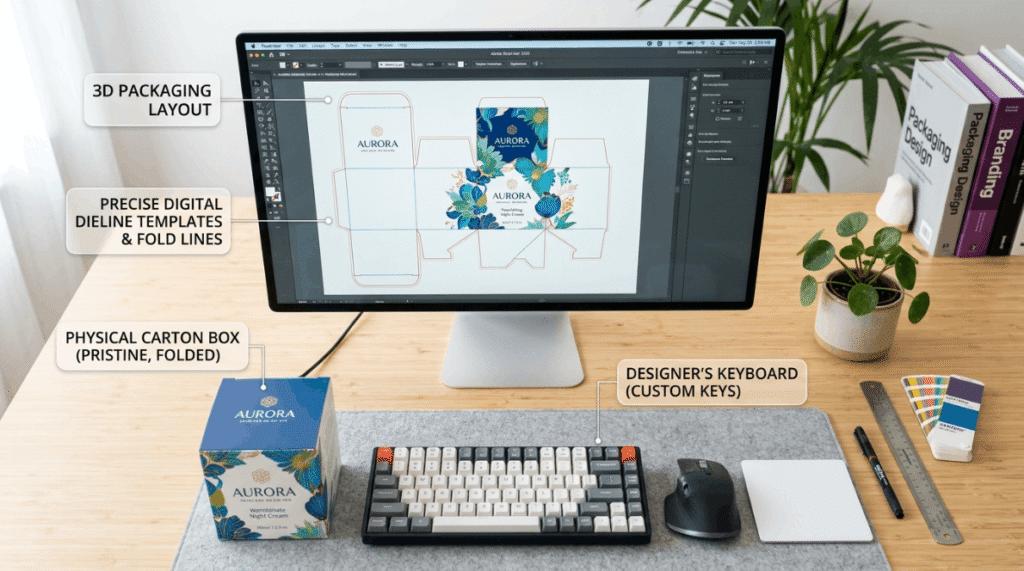Designer workstation showing digital packaging dielines on a screen next to a physical custom folding carton box.