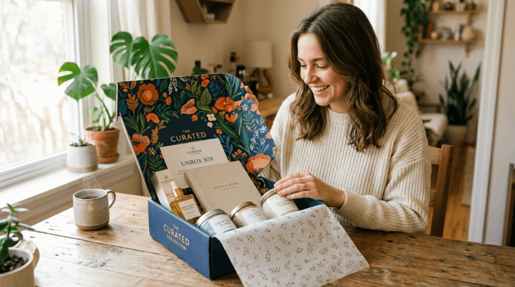 E-commerce customer unboxing a custom printed mailer box filled with patterned tissue paper and products. (1)