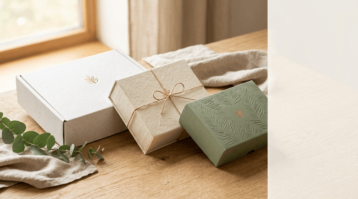 Eco-friendly custom packaging boxes including a white kraft mailer, rigid gift box, and embossed sage green carton on oak surface