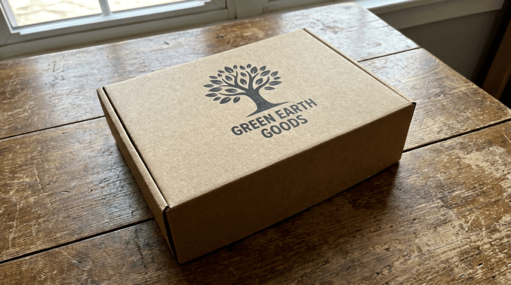Eco-friendly custom-printed kraft box with black soy ink logo on a wooden surface.