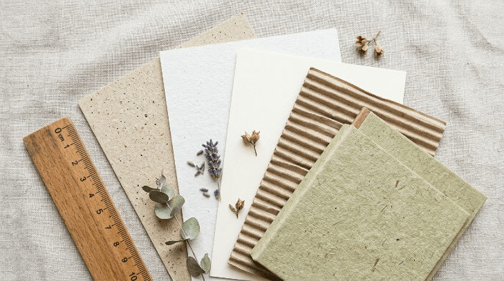 Flat lay of sustainable packaging material samples including recycled paperboard, white kraft, FSC cardstock, and corrugated board