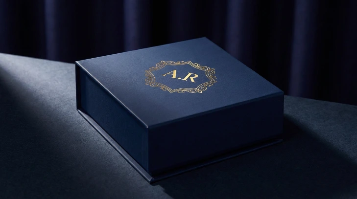 Gold foil stamped monogram and border on navy luxury rigid jewelry packaging box