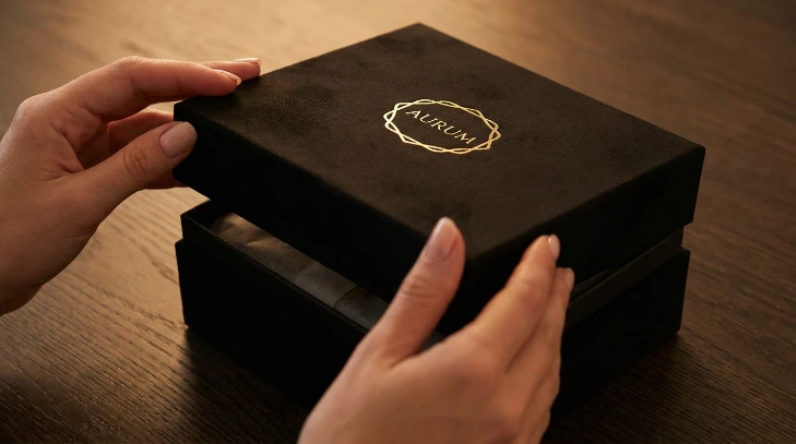 Hands opening a soft-touch matte black luxury packaging box with gold foil logo detail