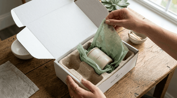 Hands opening a white kraft mailer box to reveal a product in a molded pulp insert with sage green tissue paper