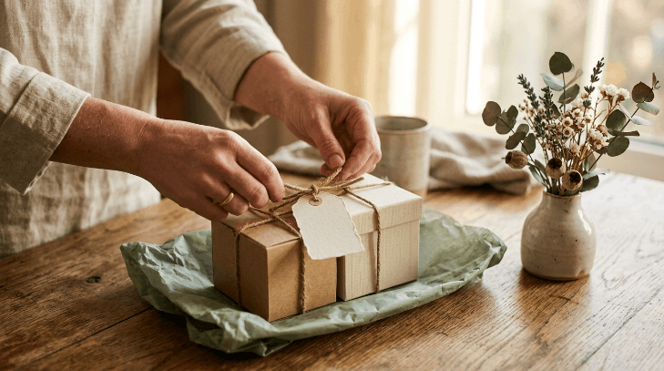 Hands tying twine around a gift set of a kraft soap box and cream candle box with sage green tissue paper