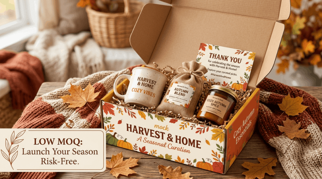 Low MOQ custom seasonal packaging mailer box with festive print and curated inner products by Packaging Hive