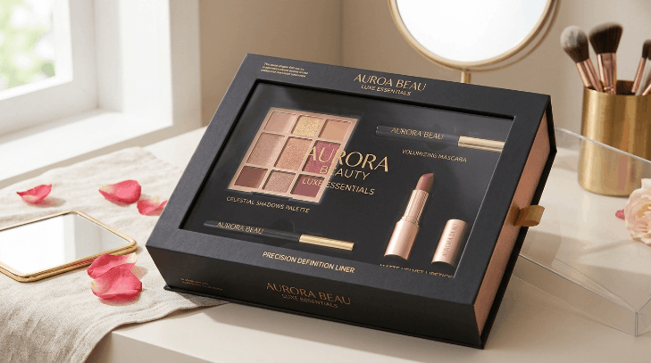 Makeup gift set box with a clear lid window and partitioned insert tray organizing an eyeshadow palette, mascara, eyeliner, and lipstick