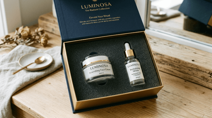 Open cosmetic box with a die-cut foam insert holding a glass skincare jar and serum bottle securely in place