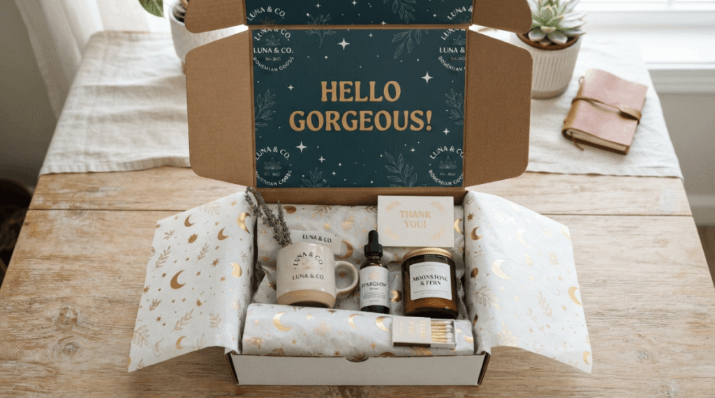 Open custom mailer box featuring interior lid printing and branded tissue paper for a memorable unboxing experience.