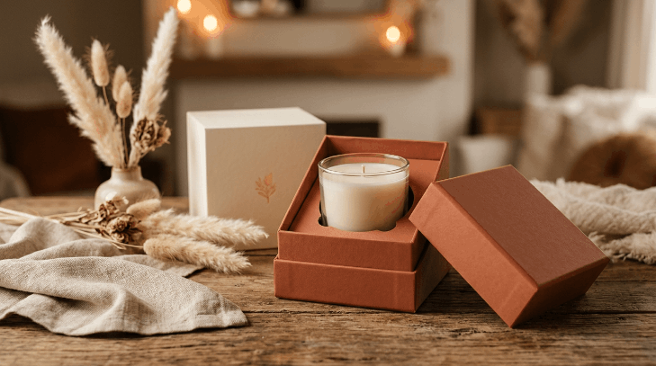 Open rigid candle box in terracotta with a glass jar candle held in a fitted insert beside a cream magnetic-closure box