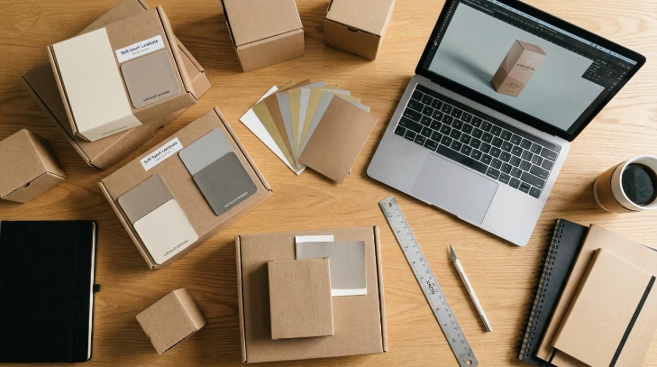 Packaging sample swatches and digital mockup used to test finish combinations
