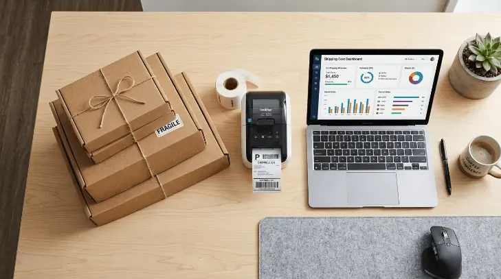 Right sized kraft mailer boxes next to shipping cost dashboard