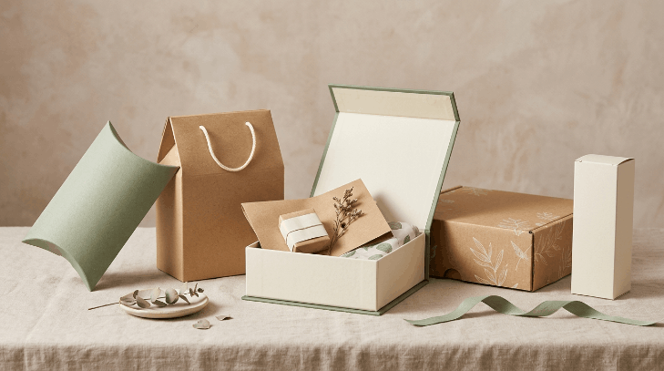 Set of sustainable box styles including mailer, tuck-top carton, rigid magnetic box, pillow box, and gable box