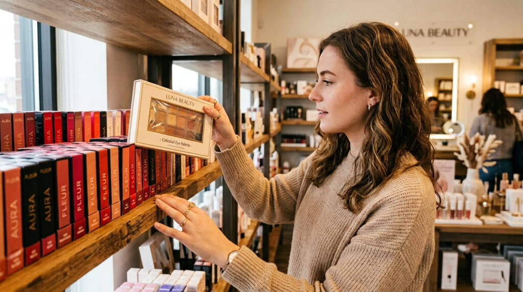 Shopper picking up a cosmetic box with a clear window from a boutique beauty shelf lined with lipstick packaging