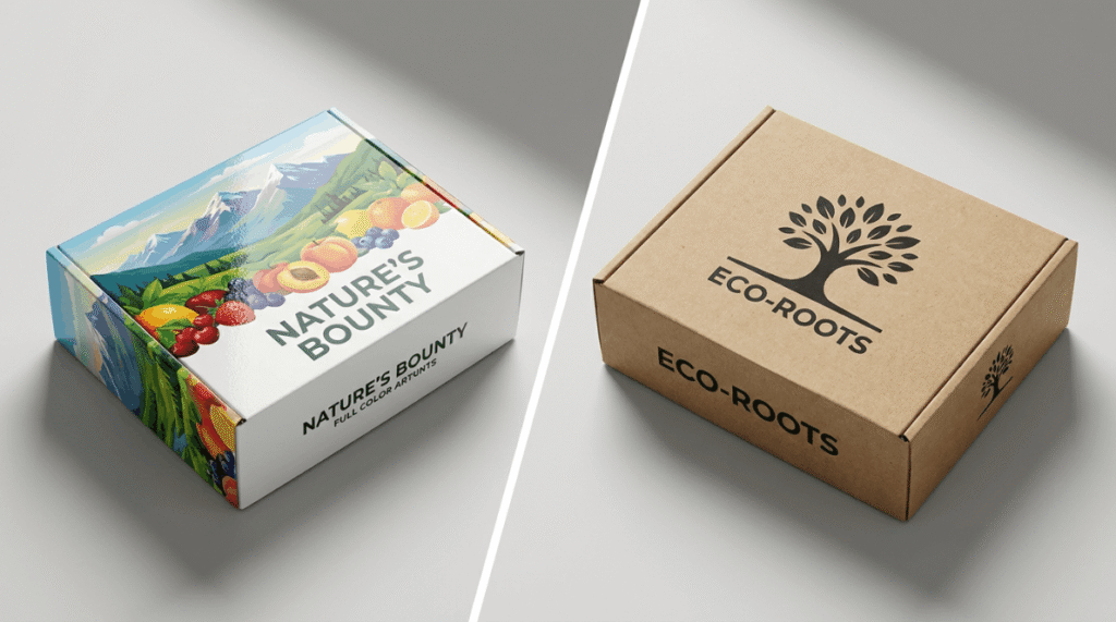 Side-by-side comparison of a vibrant custom-printed white box and a natural brown custom-printed kraft box.