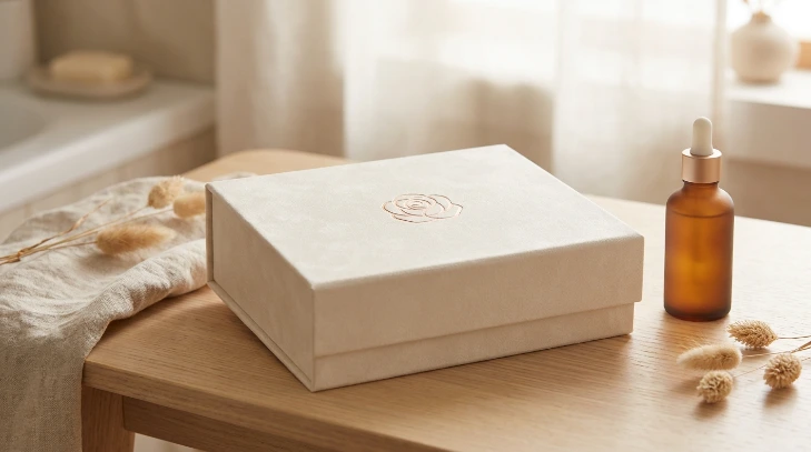 Skincare packaging combining soft-touch matte finish with rose gold foil logo accent