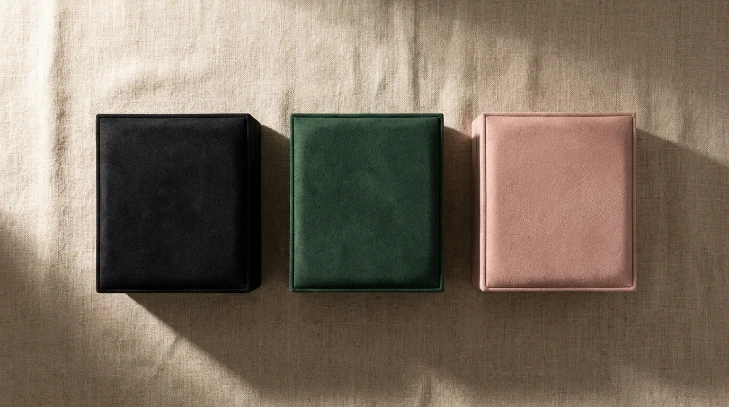 Soft-touch velvet lamination custom packaging boxes in black, green, and pink showing matte texture