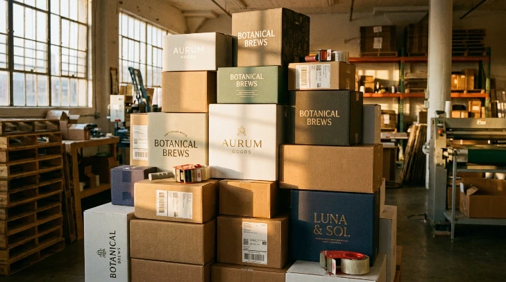 Stack of finished custom packaging boxes with soft-touch, foil, and spot UV finishes