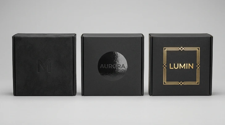 Three custom packaging boxes compared side by side showing soft-touch matte, spot UV gloss, and gold foil stamping finishes