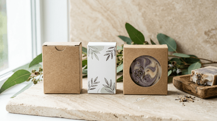 Three custom soap box styles including a kraft tuck-top carton, sleeve box, and window box showing a lavender soap bar