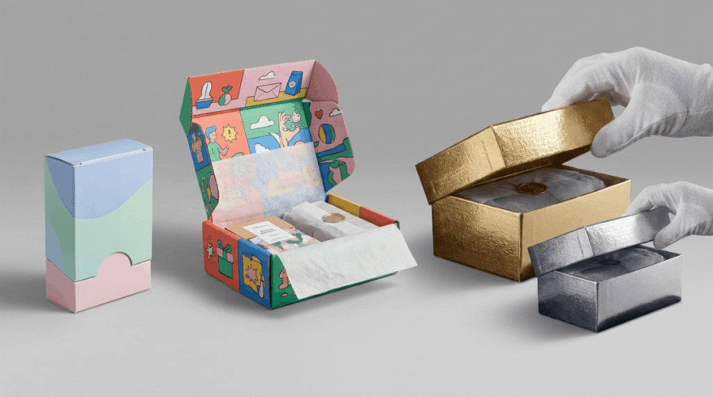 Various custom packaging boxes including a printed tuck box, custom mailer box, and gold and silver foil packaging displayed on a neutral background.